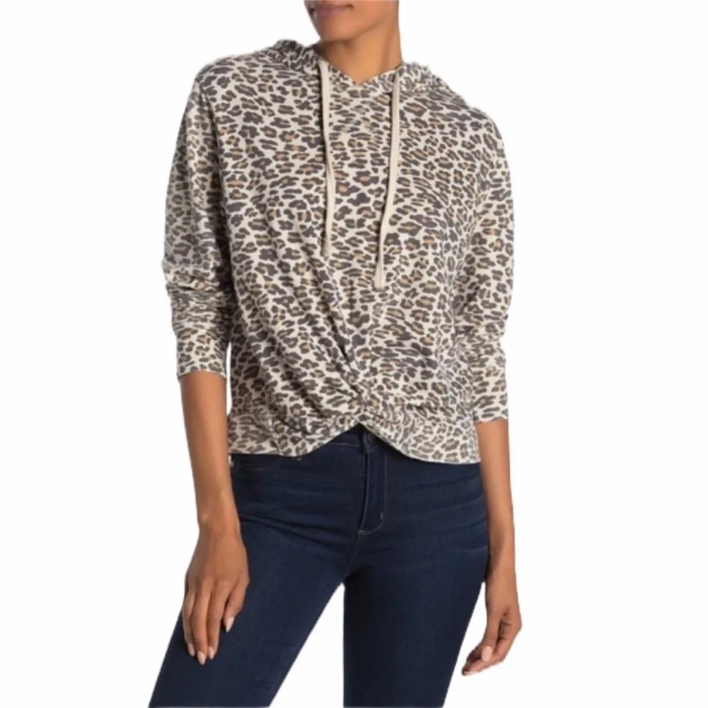 C&C California Leopard Print Twist Front Hooded Sweatshirt Size Medium